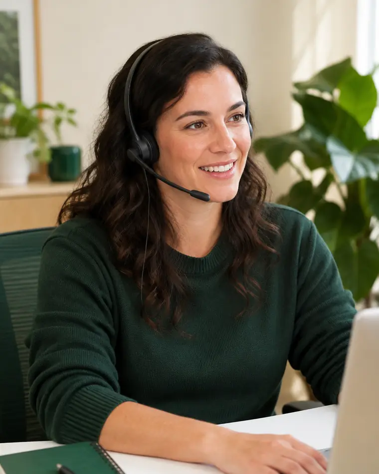 A friendly call specialist wearing a headset